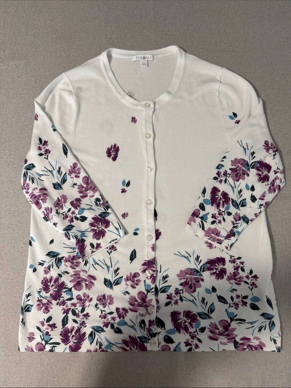 Roz & Ali White Cardigan with Purple Floral Print Size XL. - Picture 16 of 16